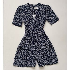 Vtg 90s Navy Flowers + Birds Shorts Romper / Sz 7 / Rayon Cottagecore Jumpsuit